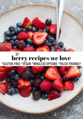 Featured image for berry recipes with fresh berries on cream colored plate.