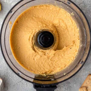 Creamy blended chickpeas in a food processor