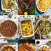 Top view of collage of Best Keto Thanksgiving Recipes including a turkey, green bean casserole, pumpkin pie, pecan pie, breakfast egg casserole, pumpkin waffles and cauliflower casserole