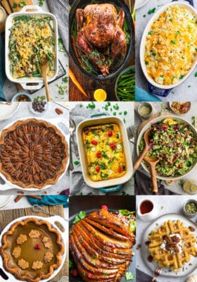 Top view of collage of Best Keto Thanksgiving Recipes including a turkey, green bean casserole, pumpkin pie, pecan pie, breakfast egg casserole, pumpkin waffles and cauliflower casserole