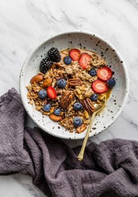 Top view of paleo granola in a white bowl