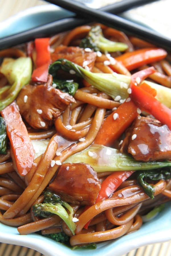 Close-up of a bowl of chicken in slow cooker Lo Mein