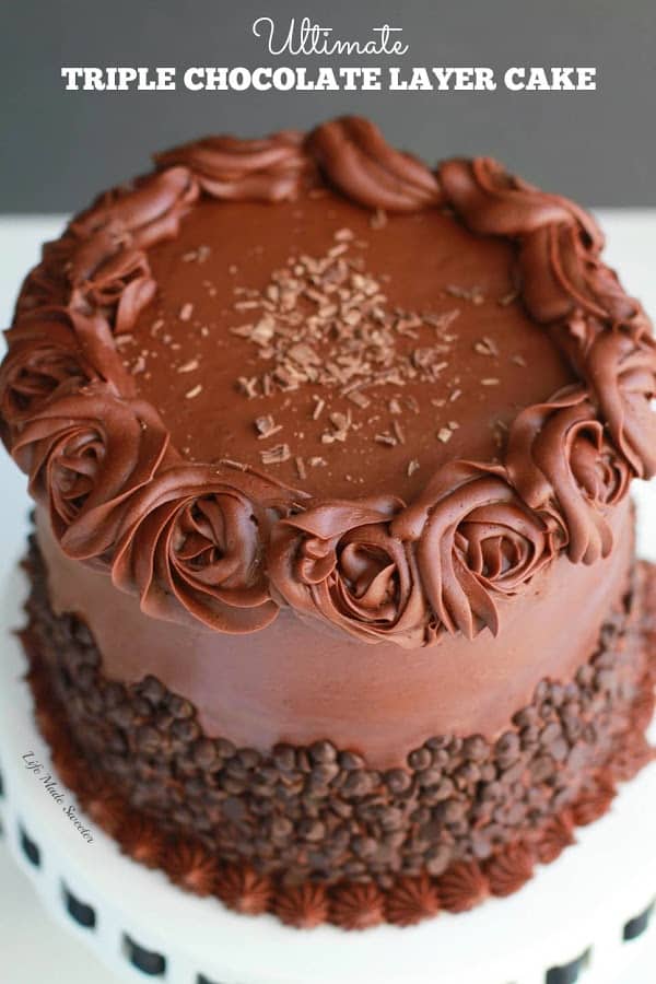 Best Triple Chocolate Layer Cake with milk chocolate frosting and chocolate chips.