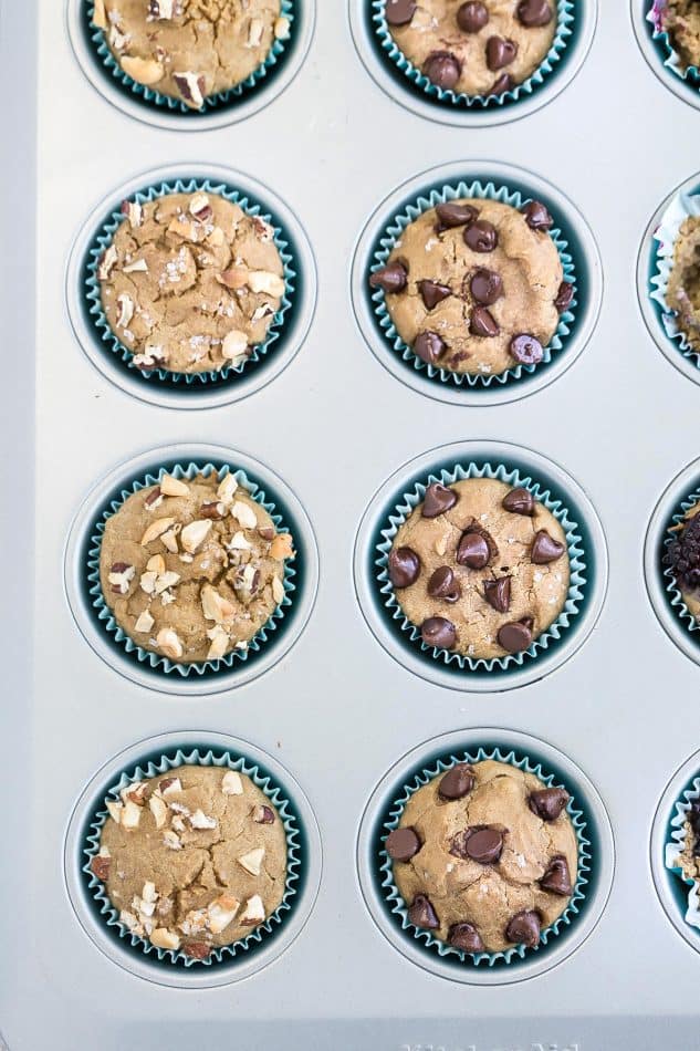 Top view of Easy Blender Muffins in a tin with nuts and chocolate chips