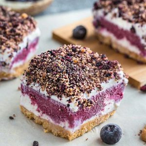 Close-up view of a layered Blueberry Frozen Yogurt Bar