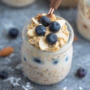 Blueberry Overnight Oats - the perfect easy make ahead no cook breakfast to enjoy for on the go. Best of all, just 5 minutes of prep time & packed with fiber and protein.
