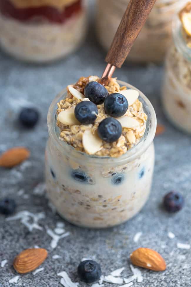 Overnight Oats - 8 Ways - simple no-cook make-ahead oatmeal just perfect for busy mornings. Best of all, easy to customize with your favorite flavors. Almond Joy, Apple Cinnamon, Banana Nut, Blueberry, Carrot Cake, Peanut Butter & Jelly, Pumpkin Cranberry and Strawberry.
