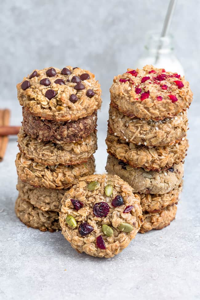 Two Stacks of Oatmeal Cookies with Various Flavors Baked Into Them