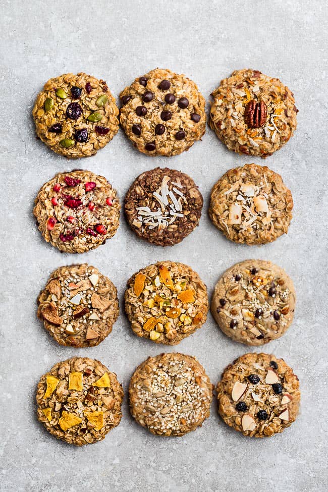 Twelve Different Flavored Breakfast Cookies Arranged Neatly on a Countertop