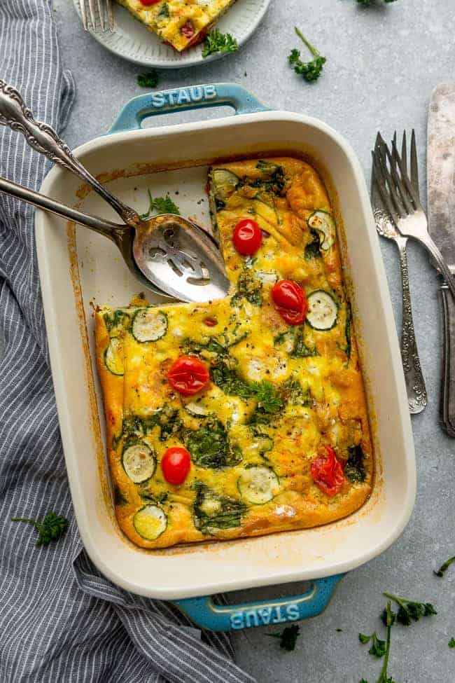 Breakfast Egg Casserole - an easy and delicious breakfast packed with spinach, zucchini, ham , cheddar, tomatoes and goat cheese. Low carb and keto-friendly and perfect for weekend brunch.