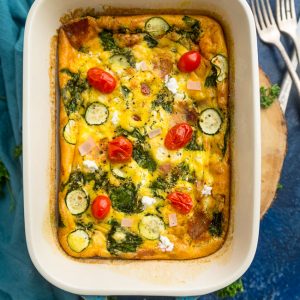 Top view of Whole30 Breakfast Egg Casserole in a blue rectangle pan