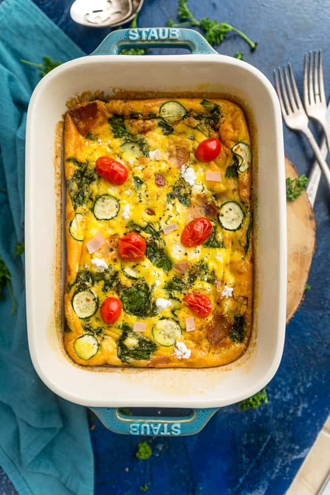 Top view of Whole30 Breakfast Egg Casserole in a blue rectangle pan