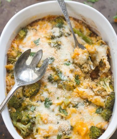 Overhead view of Broccoli Cheese Quinoa Casserole with a serving utensil