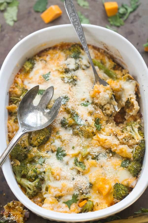 Overhead view of Broccoli Cheese Quinoa Casserole with a serving utensil