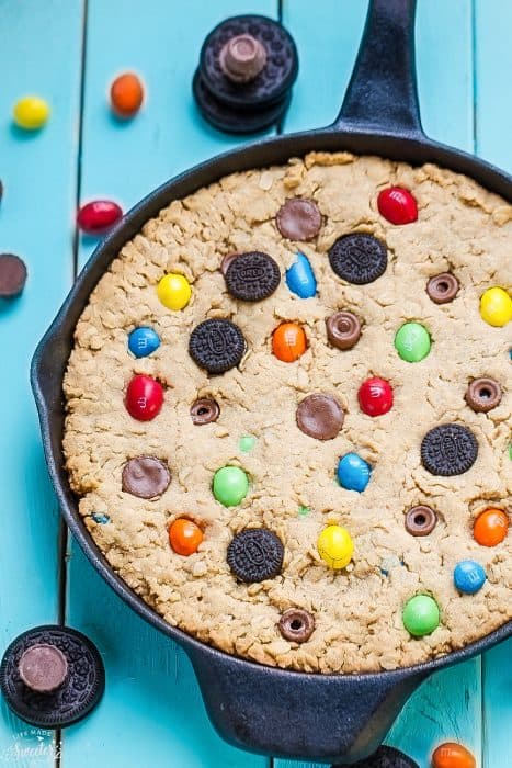 Close-up view of Candy Oreo Monster Skillet Cookie Pizza