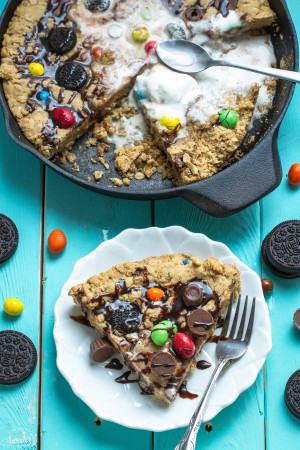 Candy Oreo Monster Skillet Cookie Pizza is perfect for using up leftover candy