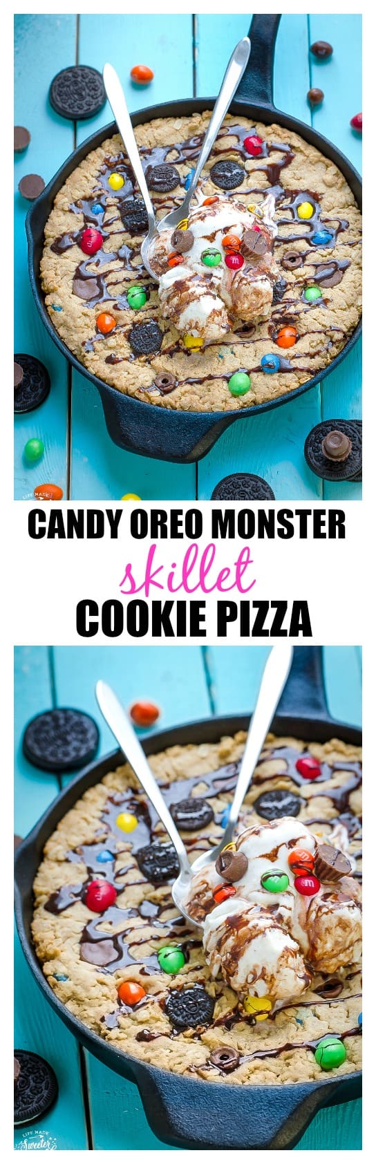 Candy Oreo Monster Skillet Cookie Pizza is the perfect way to use up leftover Halloween candy