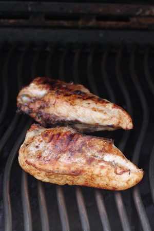 Two seasoned chicken breasts on a grill