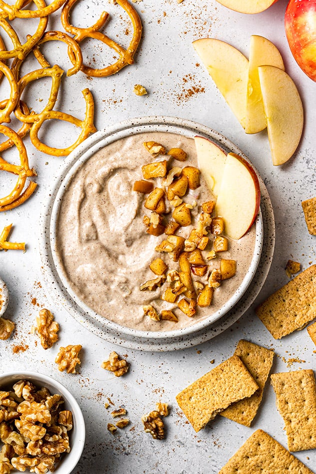 Overhead view of Apple Dip with crackers and nuts
