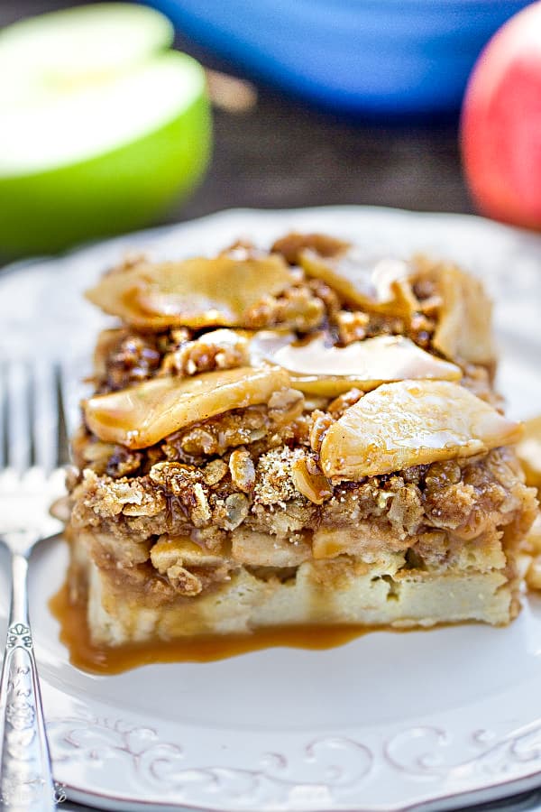 Caramel Apple Streusel French Toast Bake makes the perfect easy make ahead breakfast or brunch! Best of all, only a few minutes to assemble at night and you just pop it in the oven in the morning! A great fall meal for weekends or special occasions!