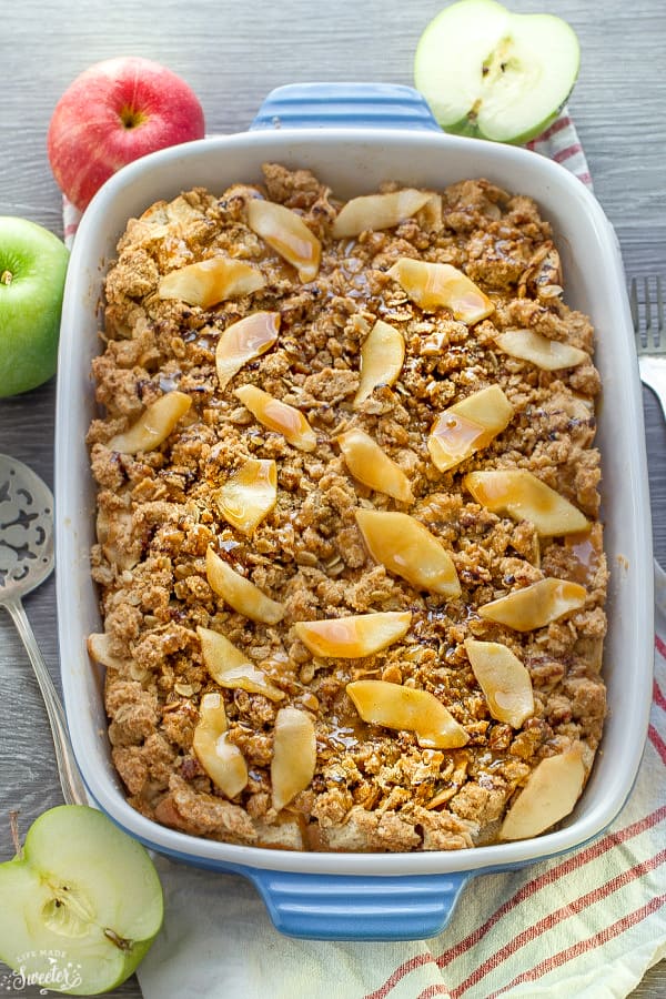 Caramel Apple Streusel French Toast Bake makes the perfect easy make ahead breakfast or brunch! Best of all, only a few minutes to assemble at night and you just pop it in the oven in the morning! A great fall meal for weekends or special occasions!