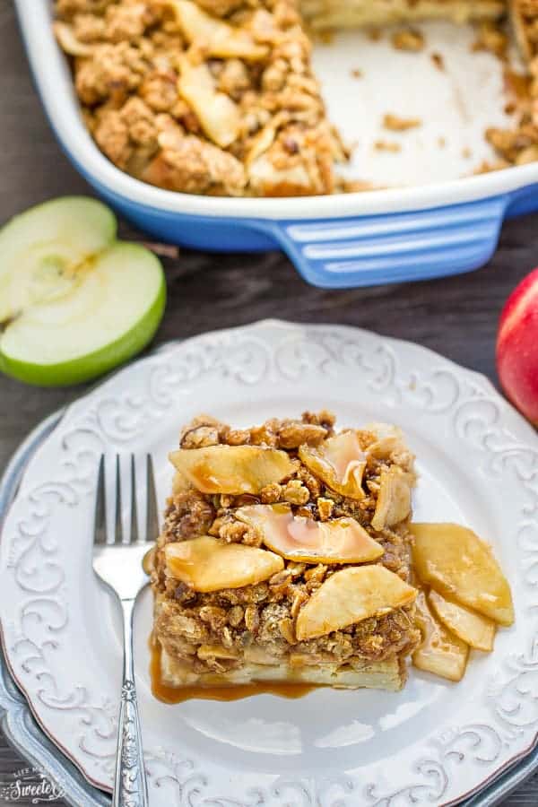 Caramel Apple Streusel French Toast Bake makes the perfect easy make ahead breakfast or brunch! Best of all, only a few minutes to assemble at night and you just pop it in the oven in the morning! A great fall meal for weekends or special occasions!