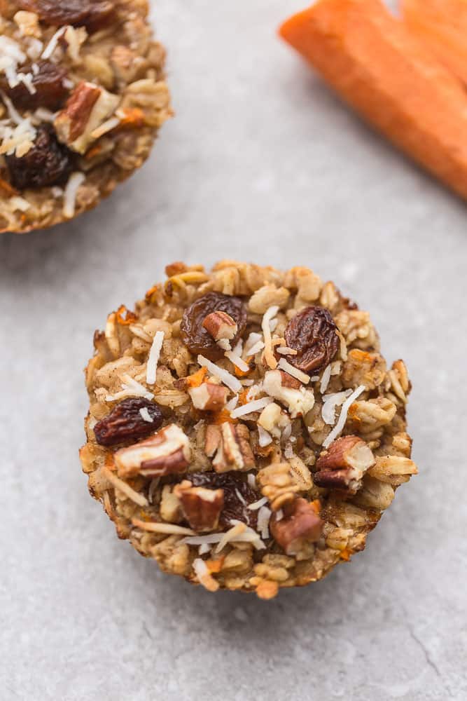 Carrot cake baked oatmeal cups with raisins.
