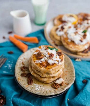 These Carrot Cake Pancakes perfect or any spring breakfast or Easter brunch. Best of all, they’re low carb and have all the classic flavors you love about the popular cake. It's like having dessert for breakfast Keto-friendly ingredients. Grain free, sugar free and made with coconut, carrots, pecans and cream cheese.