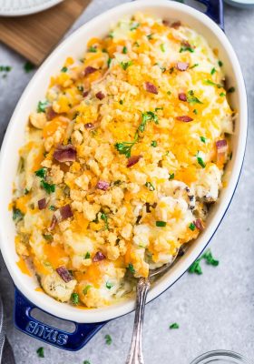 Baked low carb caulfilower casserole in a pan