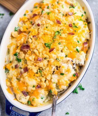 Baked low carb caulfilower casserole in a pan