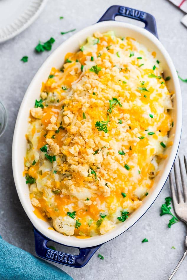 Baked low carb caulfilower casserole in a pan without bacon