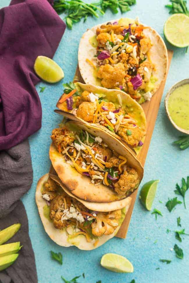 roasted cauliflower tacos with avocado cream