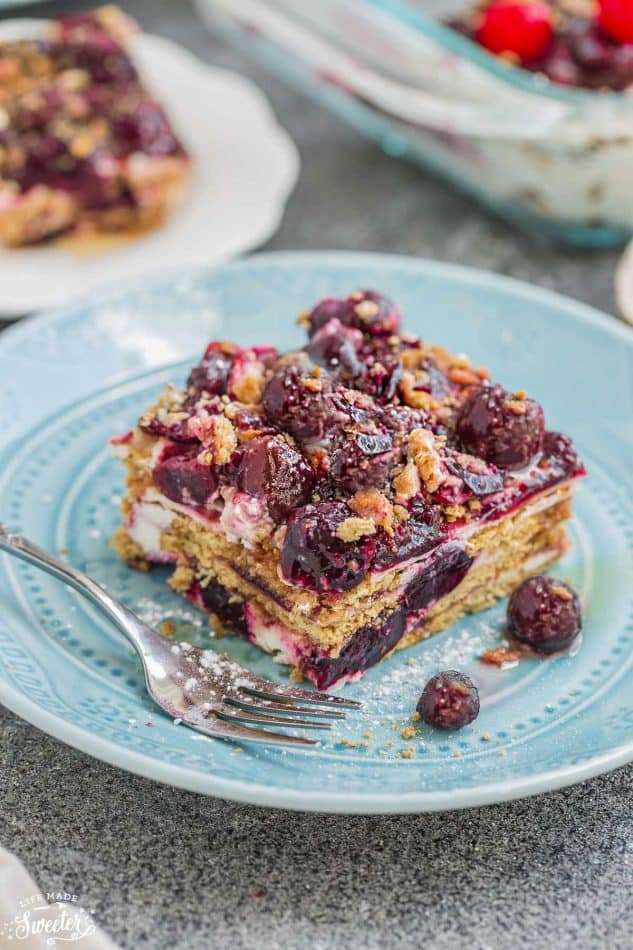 No Bake Cherry Cheesecake Icebox Cake is the perfect easy make ahead dessert! Best of all, it's made with just 5 ingredients and amazing for barbecues, potlucks and holiday parties!