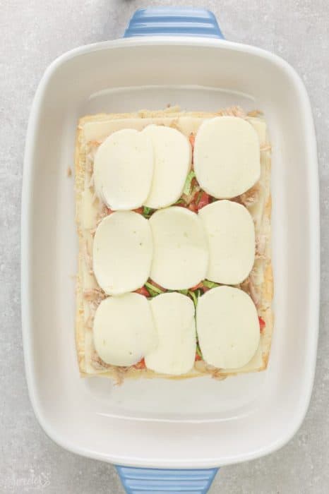 Top view of open-faced Italian Chicken Bruschetta Sliders with fresh mozzarella slices