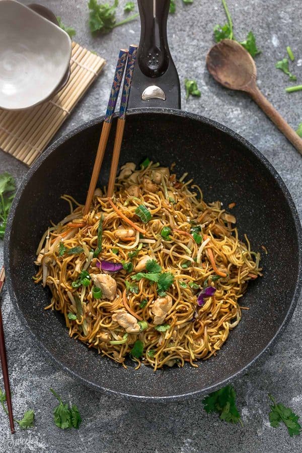 Top view of Chicken Chow Mein in a bowl