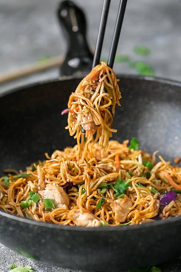 Chicken Chow Mein is the perfect easy weeknight meal! Best of all, it comes together in under 20 minutes in just one pot! Forget calling restaurant takeout, this recipe is so much better with authentic flavors. Seriously the best!!