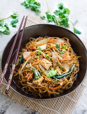 Chicken Chow Mein in a bowl with chopsticks