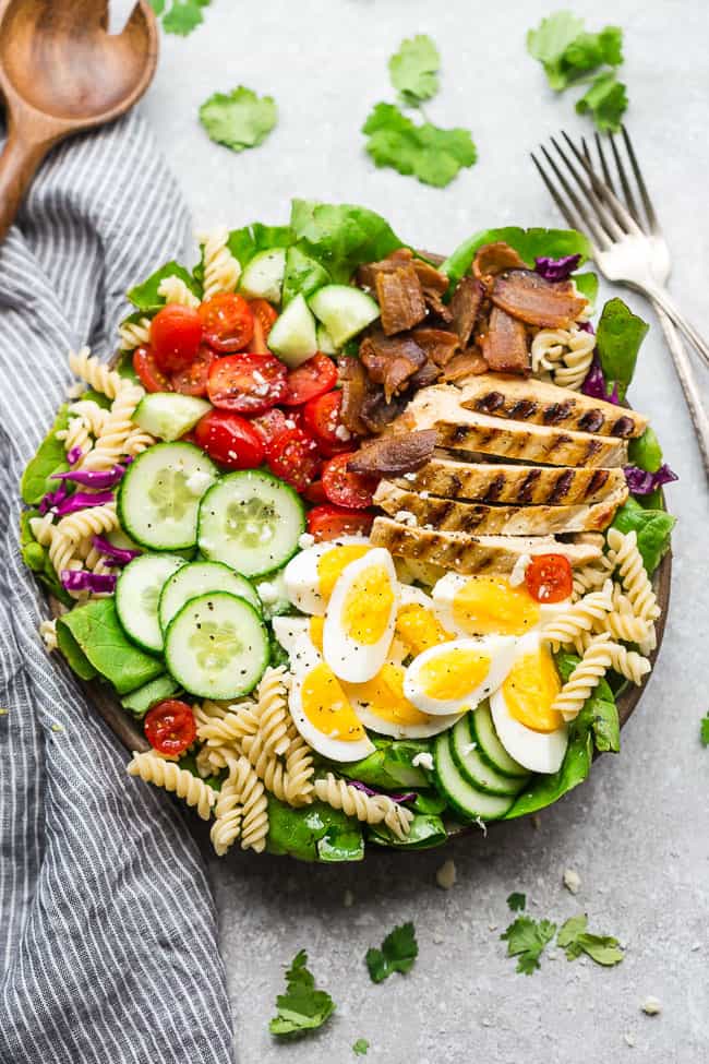 Healthy cobb pasta salad recipe for Memorial Day.