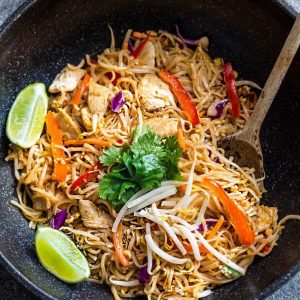 Top view of easy pad thai in a wok