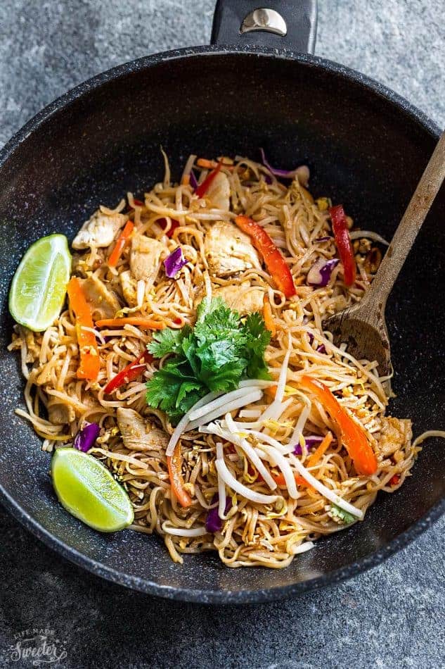 Top view of easy pad thai in a wok
