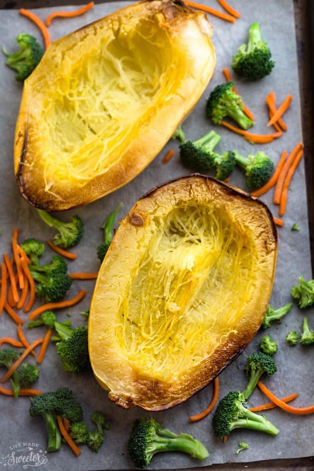 Chicken Parmesan Spaghetti Squash Bowls make the perfect easy one pan meal. Best of all, it's so easy to customize with your favorite veggies and takes just 15 minutes of prep time!