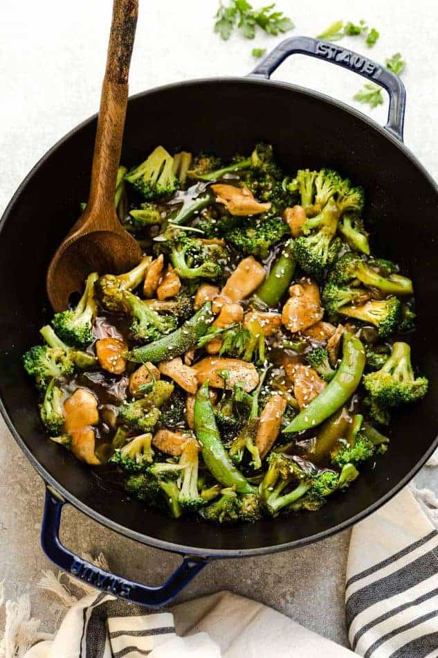 Top view of Chicken Stir Fry with Broccoli and Snap Peas in a skillet