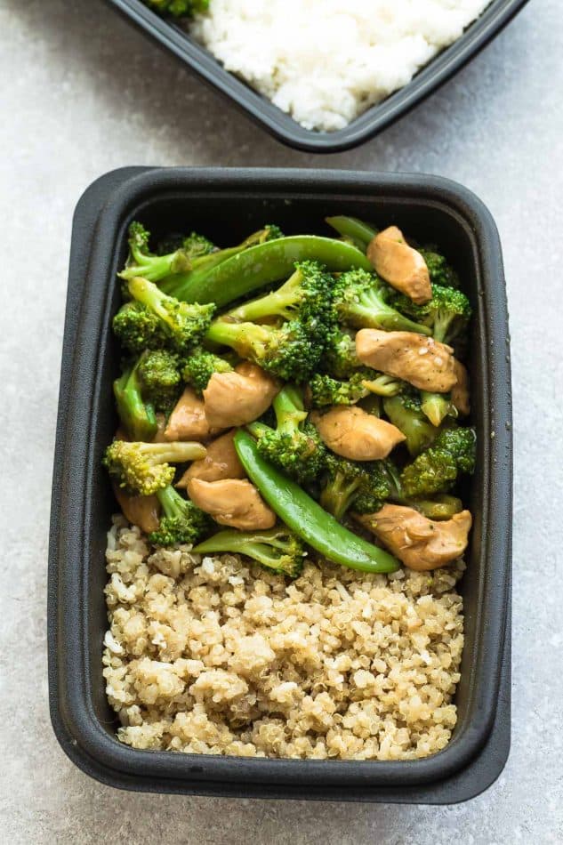 Top view of Chicken Stir Fry with Broccoli, Snap Peas and quinoa in a meal prep container