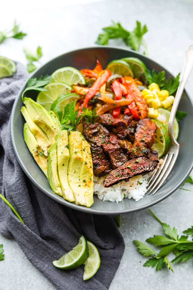 Top view of a Chili Lime Steak Burrito Bowl