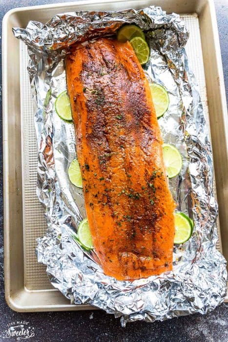 Top view of Chili Lime Salmon baked in foil on a sheet pan