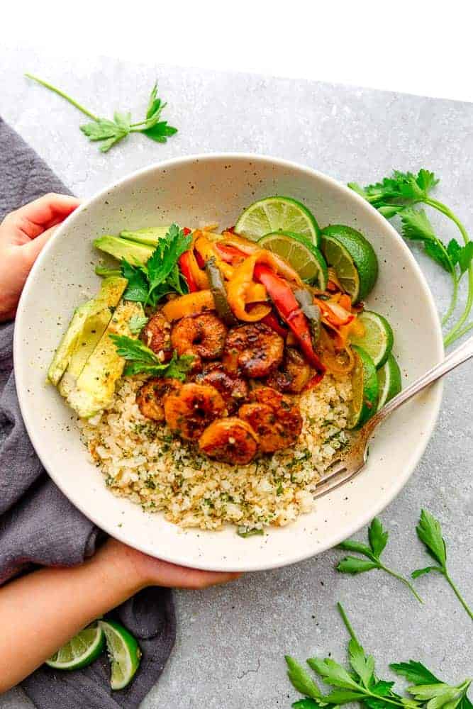 Top view of Chili Lime Shrimp Fajita Bowl with cauliflower rice