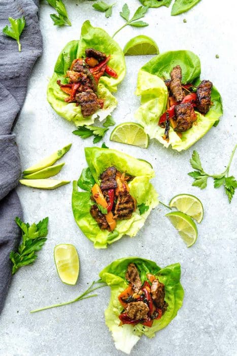 Chili Lime Steak Lettuce Wraps – fresh, flavorful and a healthier way to enjoy tacos or fajias! Less than 30 minutes to make with a homemade seasoning and perfect for lunch or a lightened up dinner for busy weeknights! They are also gluten free, low carb, Keto and Paleo friendly, whole 30 compliant and a healthy meal for your own Cinco de Mayo or Mexican fiesta
