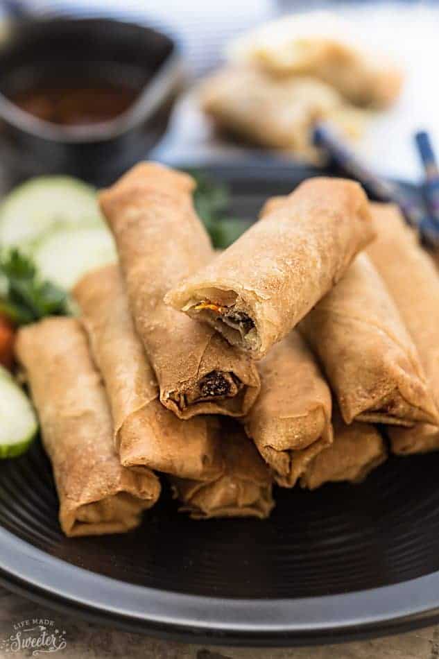 Chinese Spring Rolls stacked on a plate