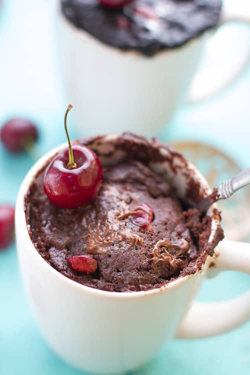 Chocolate Cherry Mug Cake is so easy to whip up & perfect for curing those late night chocolate cravings