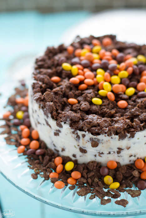 Side view of peanut butter chocolate ice cream cake on glass dish.